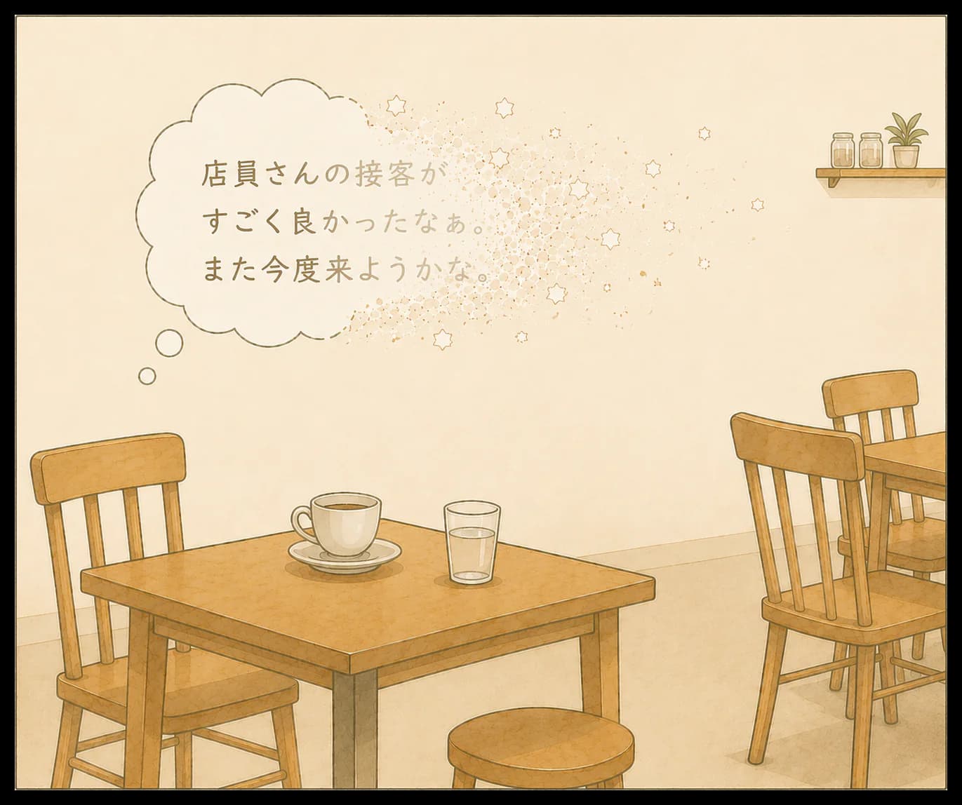 カフェに残されたお客さんの気持ちが届かないまま消えていく様子のイラスト