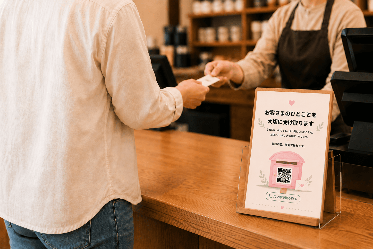 店頭カウンターにQRカードが置かれているtellme letterの利用イメージ